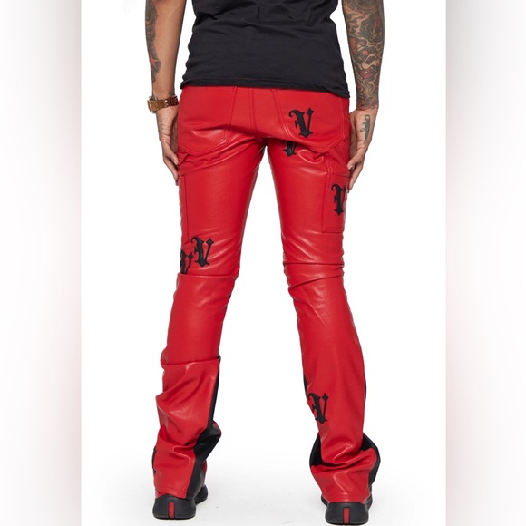 NWT MEN’S VALABASAS STACKED "ALI" RED BLACK LEATHER PANTS SIZE 30 - Picture 4 of 13